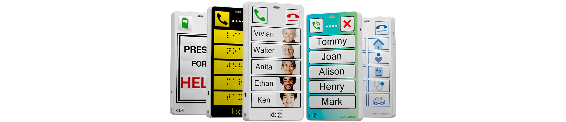 KISA Phone on cradle with large yellow buttons for easy contact access, designed for seniors or those with accessibility needs.